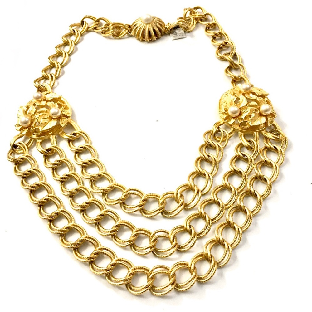 Craft Triple Drop Chain Bib Necklace Floral Tips